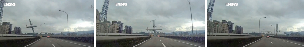 Voo da morte - Aeronave perde a sustentação, baixa rapidamente e passa perto da pista; depois bate contra a mureta e dá um mergulho mortal dentro do rio em Taiwan (Foto: Reprodução / GloboNews)